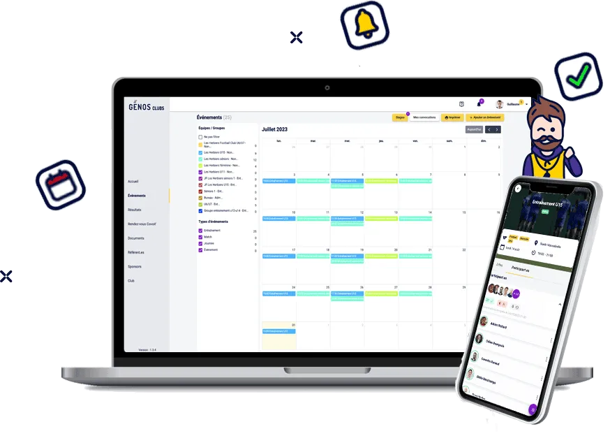 Interface Génos Clubs sur mobile et ordinateur : gestion des entraînements et des présences