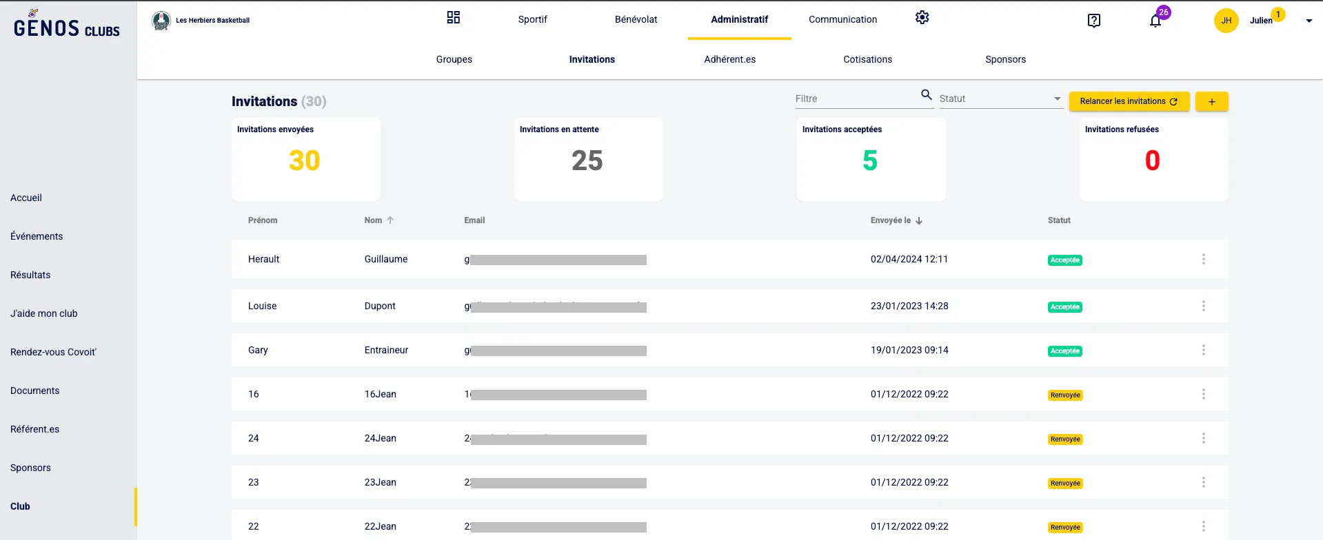 Invitation dans ton club sportif - page des invitations Génos Clubs